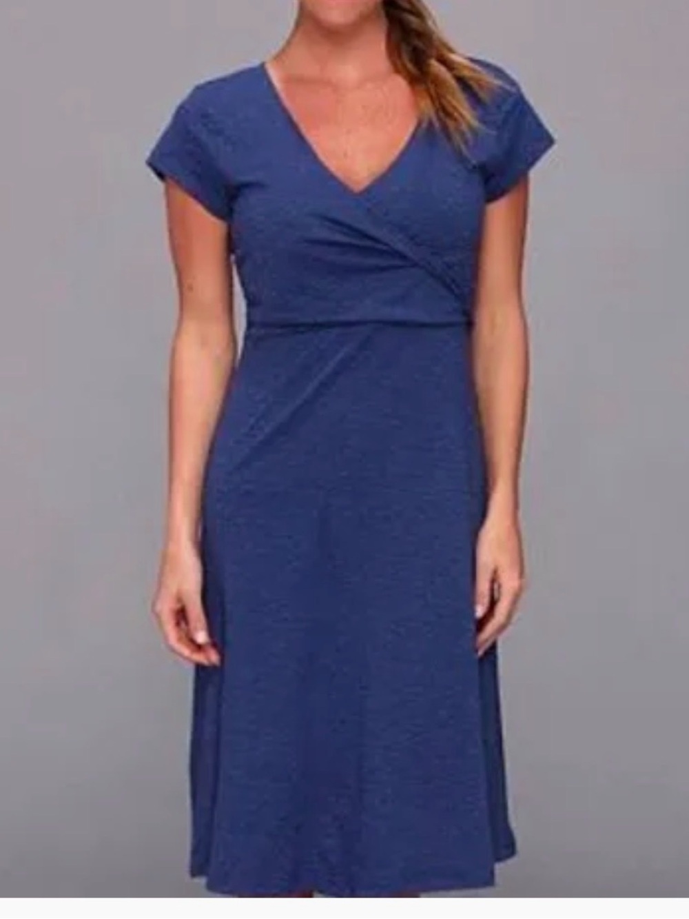 Horney Toad L blue wrap activewear comfort soft stretch blue casual midi dress